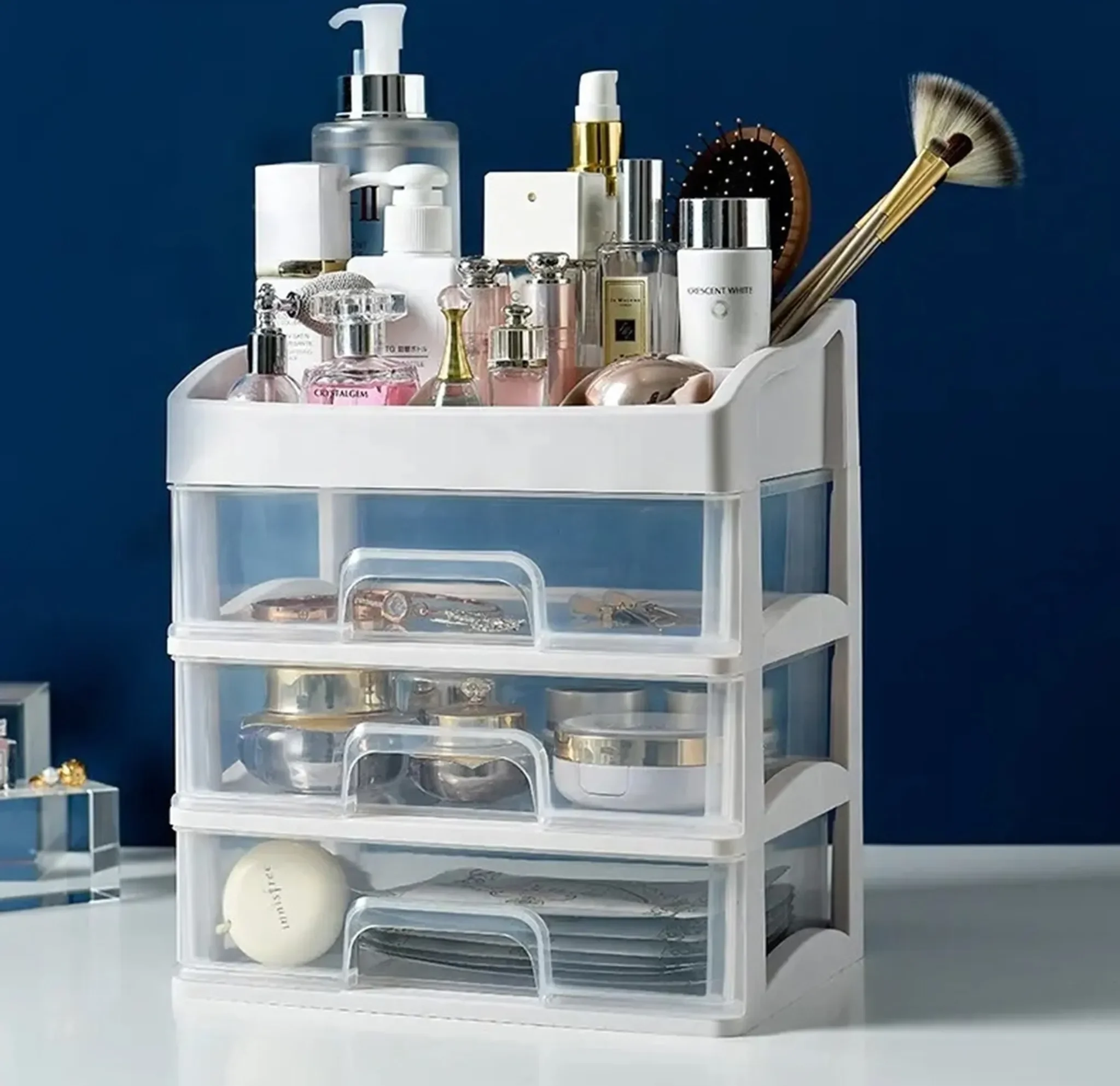 APT® Kosmetik-Organizer mit 3 Schubladen – Weiß/Transparent